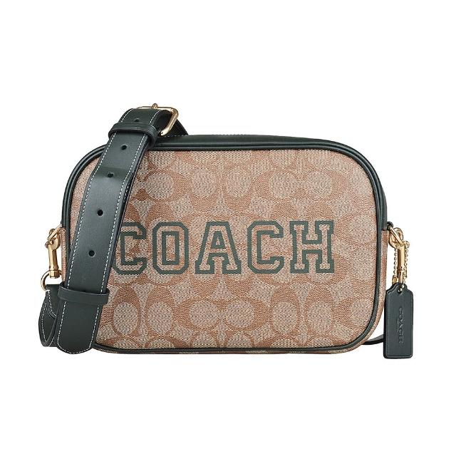 【COACH】COACH Jamie 字母LOGO 印花PVC拉鍊斜背相機包(卡其x亞馬遜綠)