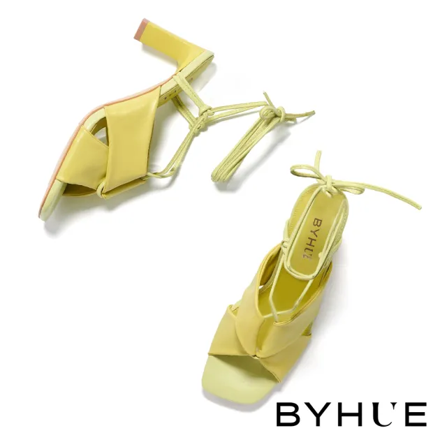 【BYHUE】韓系唯美純色綁帶軟芯方頭高跟涼鞋(綠)