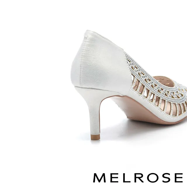 【MELROSE】華麗璀璨晶鑽金屬布鏤空尖頭高跟鞋(銀)