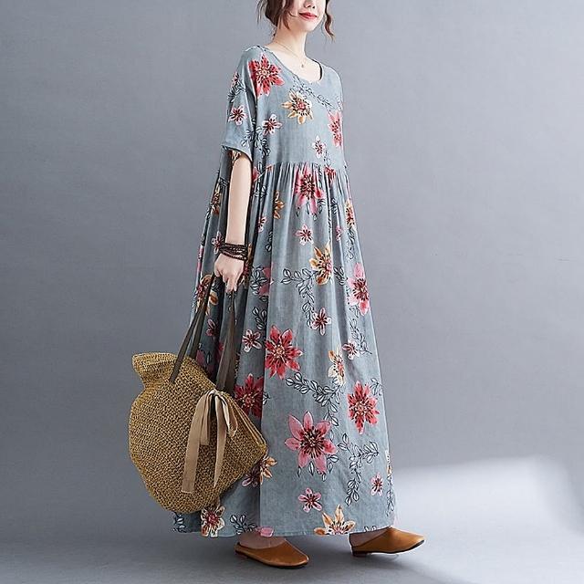 【米蘭精品】現貨+預購 洋裝短袖連身裙(優雅女人味抓皺大U領印花女裙子74dy57)