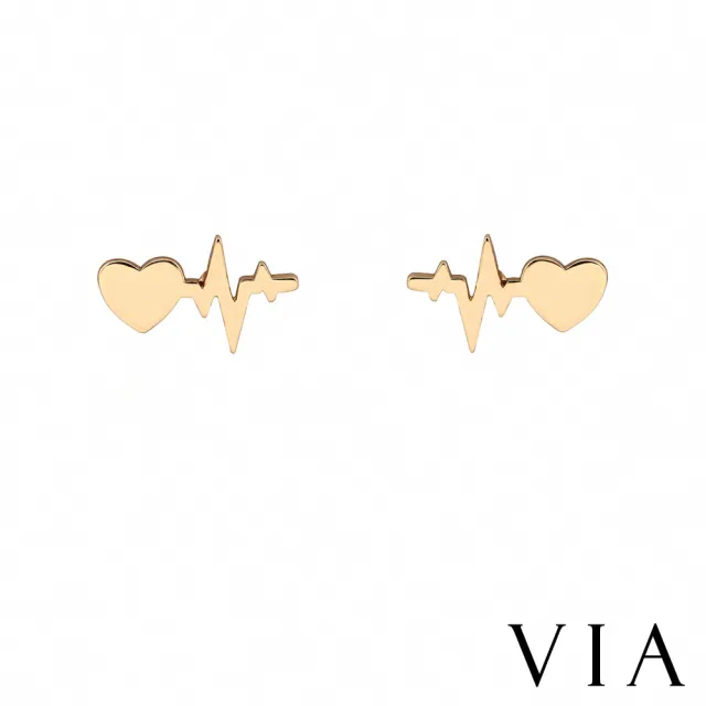 【VIA】白鋼耳釘 愛心耳釘/符號系列 愛心心跳電波造型白鋼耳釘(金色)