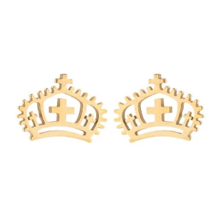 【VIA】白鋼耳釘 皇冠耳釘/時尚系列 十字架皇冠造型白鋼耳釘(金色)
