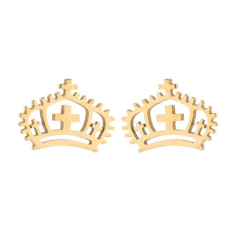 【VIA】白鋼耳釘 皇冠耳釘/時尚系列 十字架皇冠造型白鋼耳釘(金色)