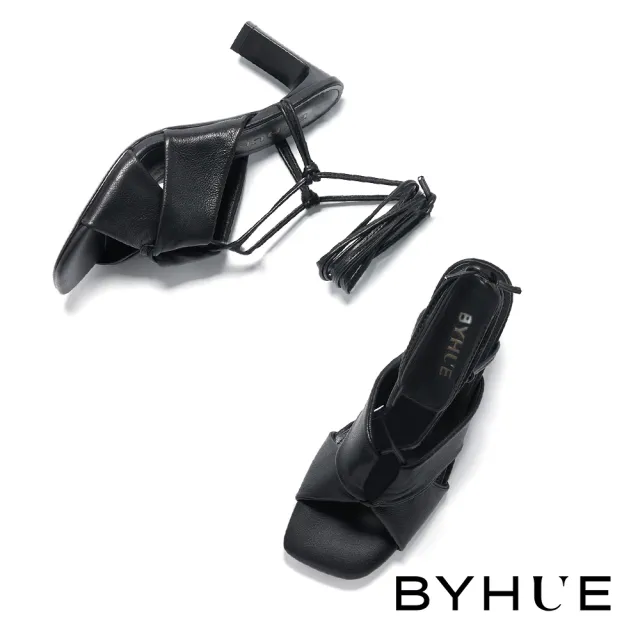 【BYHUE】韓系唯美純色綁帶軟芯方頭高跟涼鞋(黑)