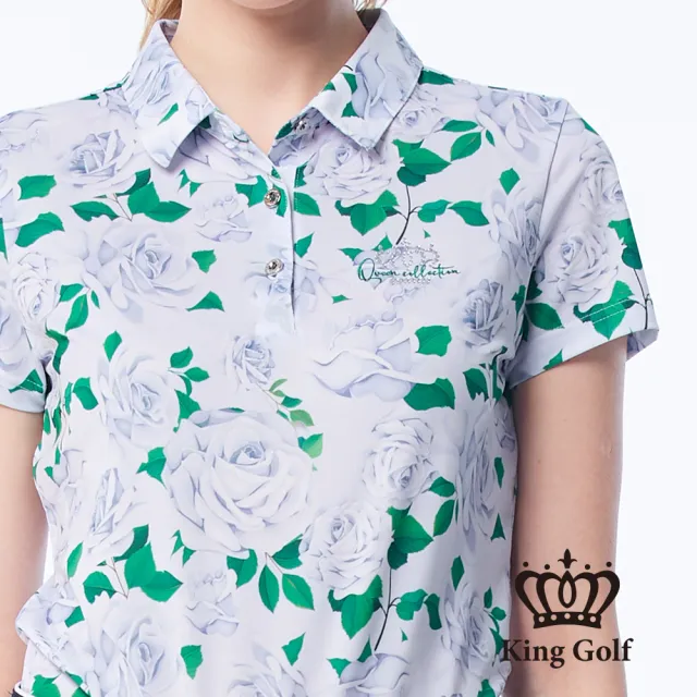 【KING GOLF】網路獨賣款-女款水彩玫瑰花印花金蔥刺繡LOGO涼感短袖POLO衫/高爾夫球衫(紫色)