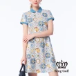 【KING GOLF】實體同步款-女款南法畫布風印花LOGO刺繡涼感收腰短袖連身裙/高爾夫球裙(藍色)