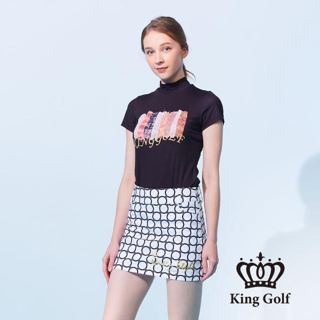 【KING GOLF】網路獨賣款-女款筆刷感印花LOGO印圖涼感小立領上衣/高爾夫球衫(黑色)