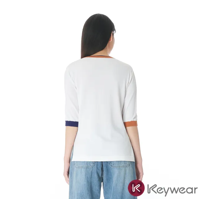 【KeyWear 奇威名品】跳色設計五分袖針織上衣