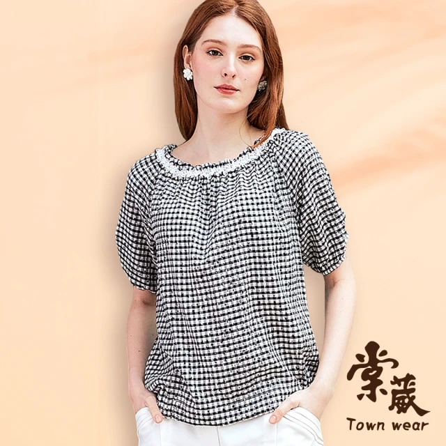 TOWN’WEAR 棠葳 日系小格紋蕾絲花邊上衣(中大尺碼/女上衣/短袖/圓領/休閒)