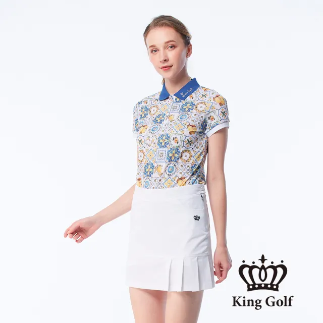 【KING GOLF】實體同步款-女款南法畫布風印花LOGO撞色涼感短袖POLO衫/高爾夫球衫(藍色)