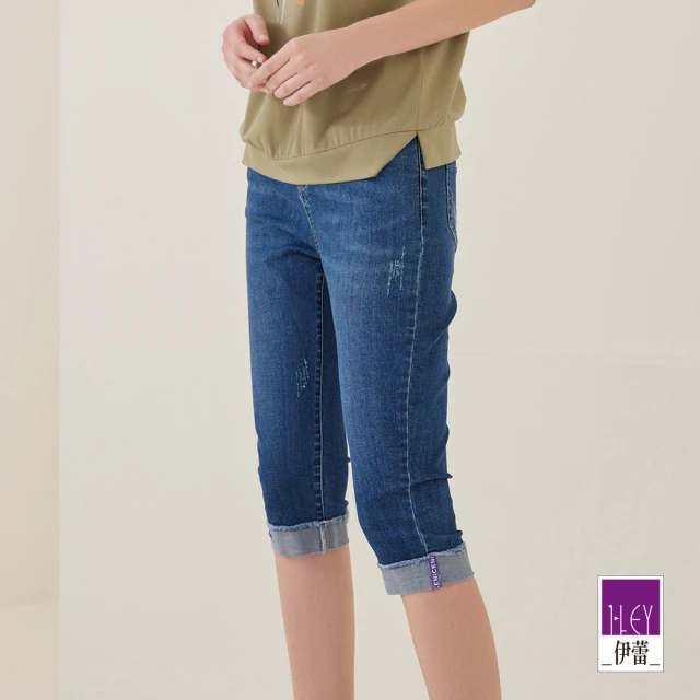 【ILEY 伊蕾】個性反摺褲管刺繡造型七分棉質牛仔褲(藍色；M-XL；1232308601)