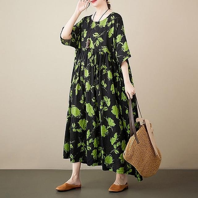 【米蘭精品】現貨+預購 洋裝短袖連身裙(神秘感翠葉滿版女裙子74dy35)