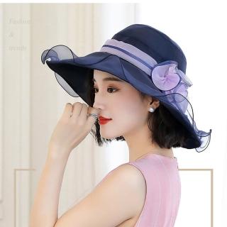 【VEDINA】典雅浪漫透氣親膚桑蠶絲真絲寬簷遮陽帽 綢緞蝴蝶結蕾絲繫帶線帶寬簷海灘防曬帽(藍色/淺藍)