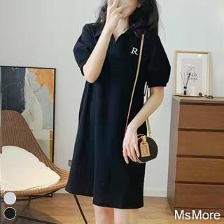 【MsMore】法式茶歇減齡連身裙休閒polo衫短袖中長版寬鬆洋裝#116402(2色)