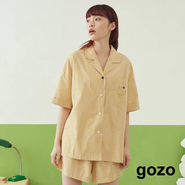 【gozo】g+微笑拼接格紋短袖睡衣(三色)