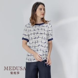 【MEDUSA 曼度莎】現貨-小鳥天絲棉抽繩長版T恤（M-2L）｜女上衣 短袖上衣 長版上衣 加大尺碼(101-70101)