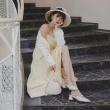 【Grace Gift】小貓聯名-甜美可麗露棉麻瑪莉珍穆勒鞋(米色)