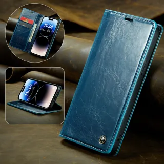 【SKYOCEAN】iPhone 14 Pro 皮革插卡可立式磁吸掀蓋防摔真皮紋手機皮套 防盜刷卡夾型保護殼(藍色)