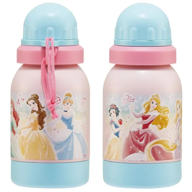 【小禮堂】Disney 迪士尼 公主 不鏽鋼轉蓋常溫直飲水壺 380ml - 藍粉集合款(平輸品)
