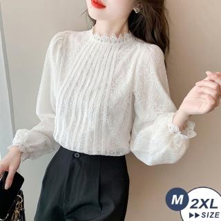 【LANNI 藍尼】法式優雅氣質直條紋燈籠袖蕾絲上衣★(春秋/長袖/輕薄透氣)