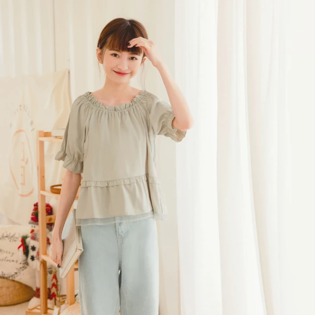 OB 嚴選 綁帶蕾絲織帶度假感碎花傘襬上衣 《AB16273