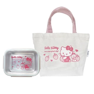【小禮堂】HELLO KITTY  不鏽鋼保鮮盒附手提袋 1300ml  - 米草莓款(平輸品) 凱蒂貓