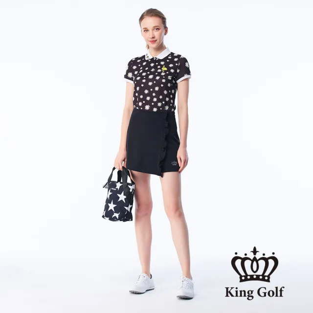 【KING GOLF】網路獨賣款-女款小菊花印花刺繡造型POLO衫/高爾夫球衫(黑色)