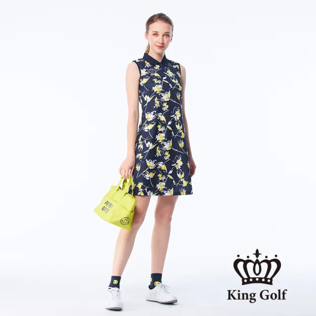 【KING GOLF】實體同步款-女款花朵剪影印花刺繡涼感收腰背心連身裙/高爾夫洋裝(深藍)