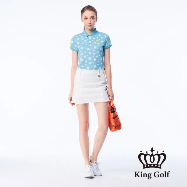 【KING GOLF】速達-網路獨賣款-女款小菊花印花刺繡造型POLO衫/高爾夫球衫(藍色)