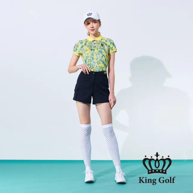 【KING GOLF】速達-網路獨賣款-女款花朵印圖火鶴刺繡造型POLO衫/高爾夫球衫(黃色)