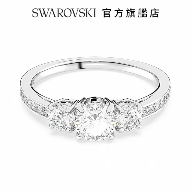 【SWAROVSKI 官方直營】Attract Trilogy 戒指 圓形切割  白色  鍍白金色 -52 交換禮物