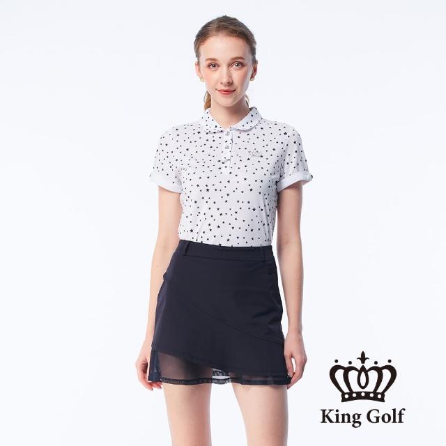 【KING GOLF】速達-網路獨賣款-女款滿版星星印花燙鑽涼感短袖POLO衫/高爾夫球衫(白色)