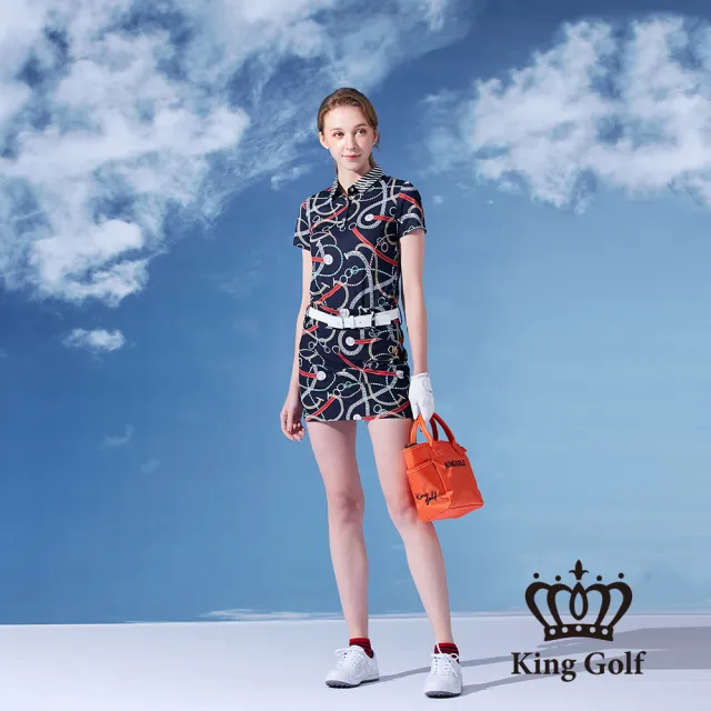 【KING GOLF】網路獨賣款-女款立體刺繡鎖鏈印花修身A LINE短裙/高爾夫球裙(丈青)