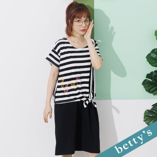 【betty’s 貝蒂思】條紋拼接水果印花洋裝(黑色)