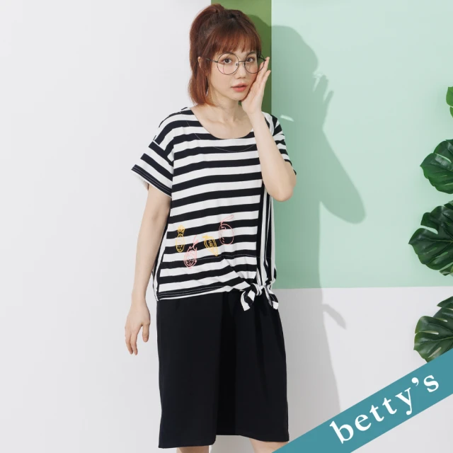 【betty’s 貝蒂思】條紋拼接水果印花洋裝(黑色)