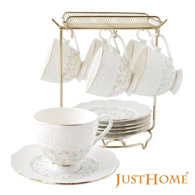 【Just Home】骨瓷咖啡杯盤12件禮盒組附收納架(附禮盒 多款花色可選 入厝送禮 辦公室 新居落成)