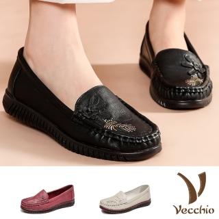 【Vecchio】真皮樂福鞋 牛皮樂福鞋/真皮頭層牛皮復古燙鑽花朵休閒樂福鞋(4色任選)