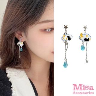 【MISA】韓國設計S925銀針不對稱雲朵貓咪流蘇墜造型耳環(S925銀針耳環 不對稱耳環 流蘇耳環)