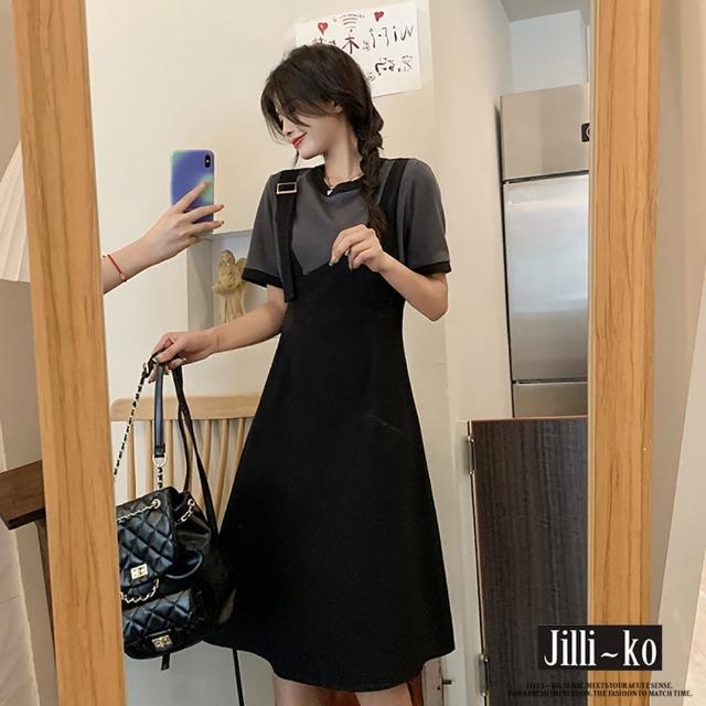 【JILLI-KO】單邊吊帶工裝風設計拼接連衣裙-F(深灰)