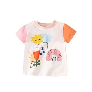 【時尚Baby】女童 短袖T恤 白粉色太陽出來了純棉T恤短袖上衣(女中小童可愛春夏上衣休閒純棉上衣)