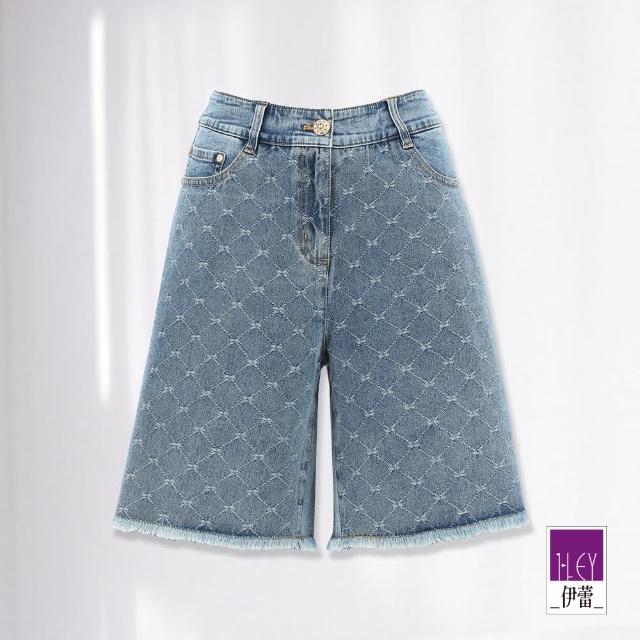 【ILEY 伊蕾】時髦緹花菱格抽鬚牛仔五分褲(藍色；M-XL；1232338502)