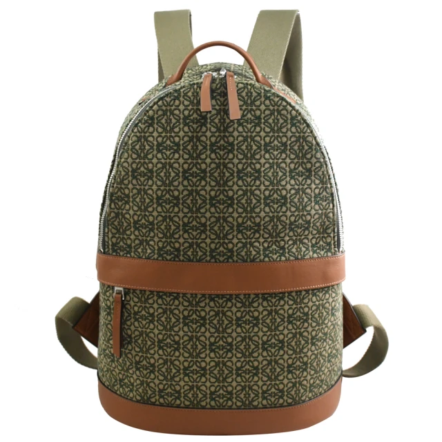 【LOEWE 羅威】Round 經典經典徽章LOGO緹花帆布拼接手提旅用包後背包(綠棕)