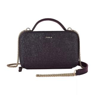 【FURLA 芙拉】FURLA Babylon金字LOGO防刮牛皮拉鍊鏈帶手提斜背包(迷你/黑)