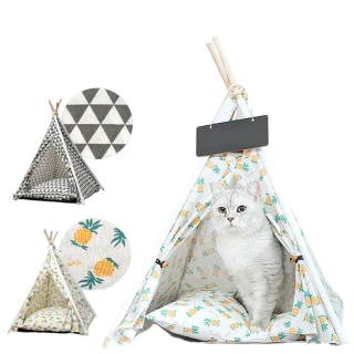 【日本PLATA】可拆洗拆卸易攜帶寵物帳篷 五角形印地安亞麻帳篷 狗窩 貓窩 寵物窩(三角形/鳳梨)