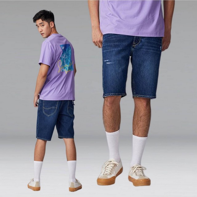【Lee 官方旗艦】男裝 牛仔短褲 / 涼感 902 局部刺繡 中深藍洗水 / 101+ / Jade Fusion 系列(LB322007970)