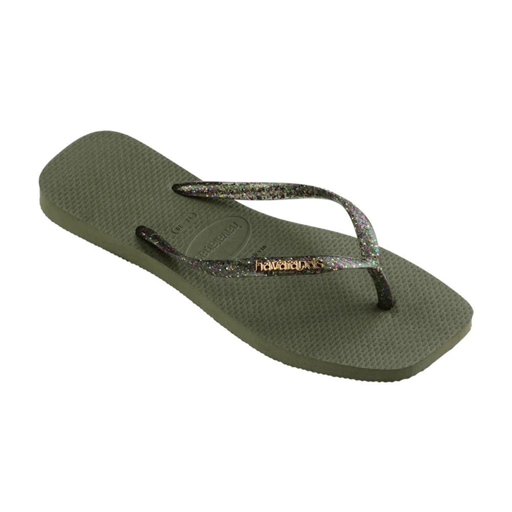 【havaianas 哈瓦仕】拖鞋 女鞋 夾腳拖 方形 閃亮 果凍 Slim Square Logo 綠色 4148257-0869W(哈瓦士)