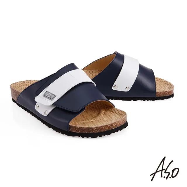 【A.S.O 阿瘦集團】足健康寬版自黏帶拖鞋-男款(藍色)