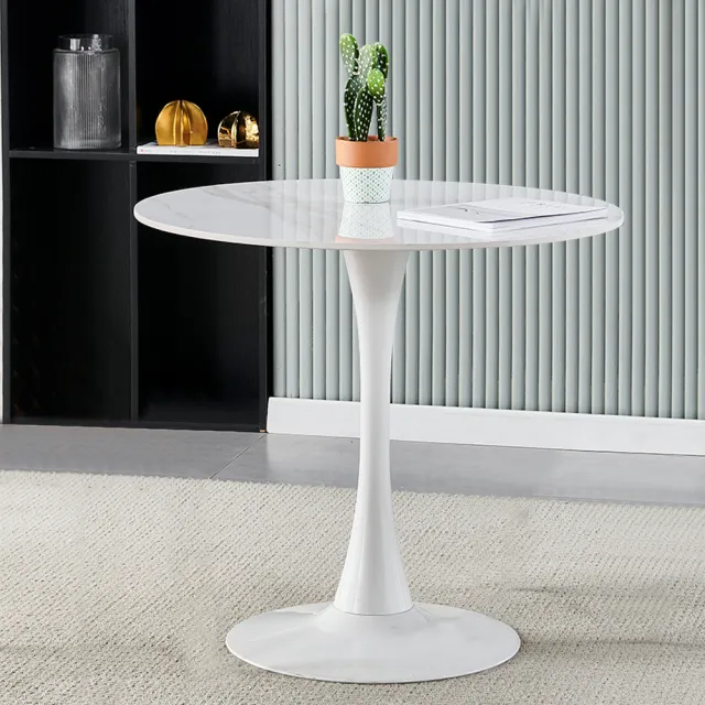【AT HOME】2.7尺白色岩板圓型休閒桌/洽談桌/工作桌/餐桌 現代簡約(布萊恩)
