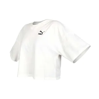 【PUMA】女寬鬆V領短版短袖T恤-上衣 休閒 歐規 白黑(53805202)