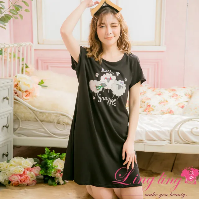 【lingling】全尺碼-綿羊圖樣短袖棉質連身裙睡衣 居家服睡裙(PA4071-時尚黑)